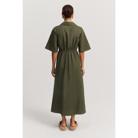 Country Road Womens Dress Size 14 Olive Cut Out Midi Elasticized Waist Collared - Picture 8 of 8